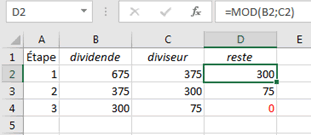 algorithme d'Euclide avec Excel