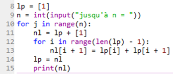 lignes de programme python pour le triangle de Pascal