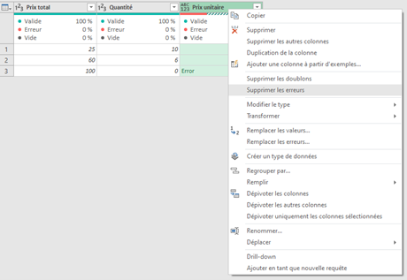 menu pour suppression